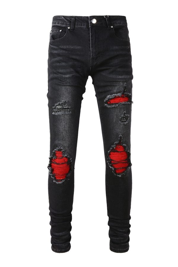 Men's Fashion Personality Red Patch Stretch Slim Pants