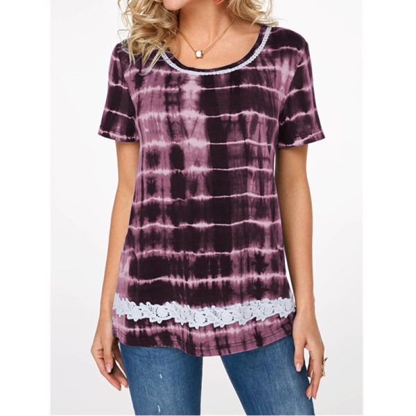 European And American New Women's Clothes Lace Print Short Sleeve Loose T-shirt Women