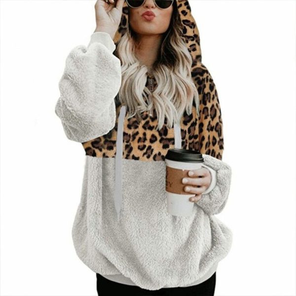 Leopard Print Hooded Sweater Loose Fall Winter Women Clothes