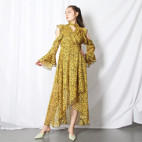 Twotwinstyle Leopard Female Dresses For Women Off Shoulder Flare Sleeve Asymmetric Hem Backless Ruffles Dress Vintage Clothes