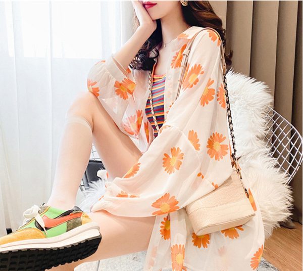 Little Daisy Net Red Sunscreen Clothes Women Loose Loose Outside Sunscreen Mid-length Chiffon Shirt Thin Cardigan