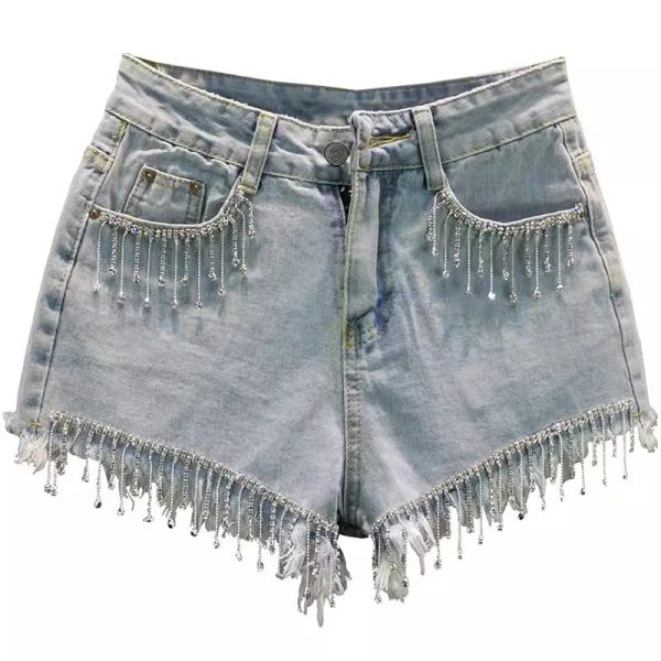 Summer High Waist Slimming Edging Heavy Industry Rhinestone Tassel Denim Shorts