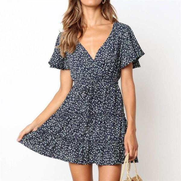 Summer Floral V-neck High Waist Lace-up Short Sleeve Ruffled Chiffon Dress