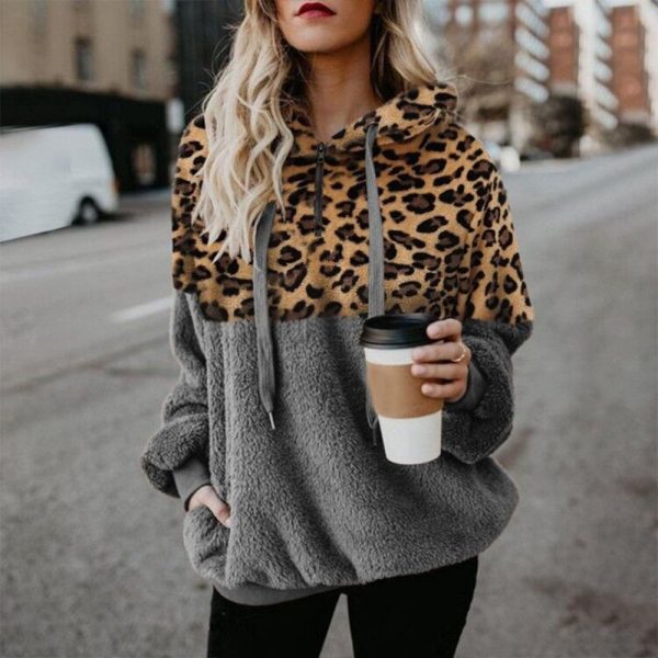 Leopard Print Hooded Sweater Loose Fall Winter Women Clothes