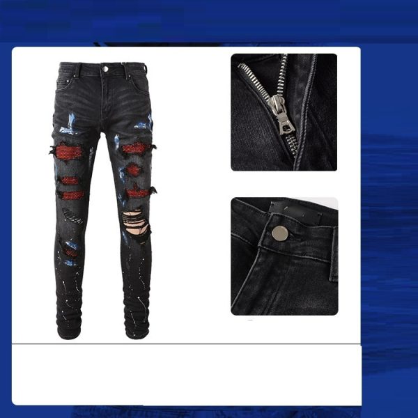 New Style Stretch Vintage Black Ripped Patch Jeans Male