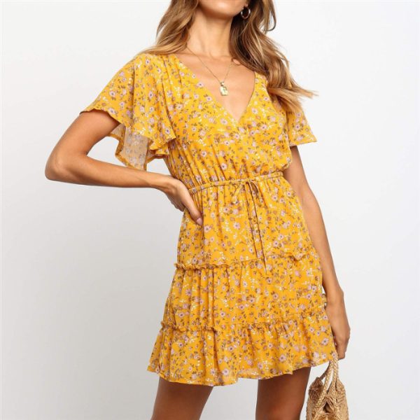 Summer Floral V-neck High Waist Lace-up Short Sleeve Ruffled Chiffon Dress