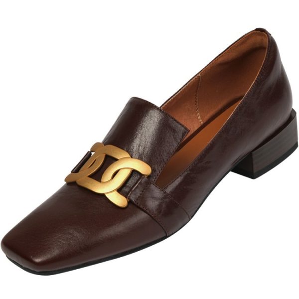 Female Square Toe Low Heel Retro Brown Leather Shoes