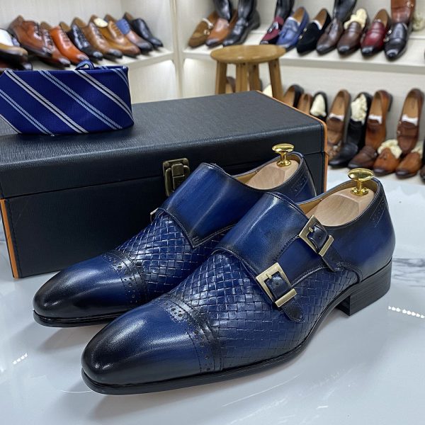 Luxury Men's Business Casual Shoes Blue Leather Double Buckle Monk Shoe First Layer Cowhide Pointed Men's Loafers