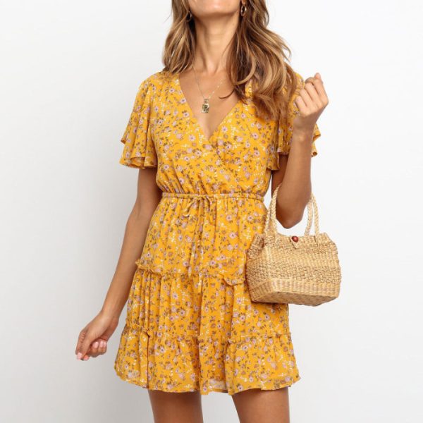 Summer Floral V-neck High Waist Lace-up Short Sleeve Ruffled Chiffon Dress