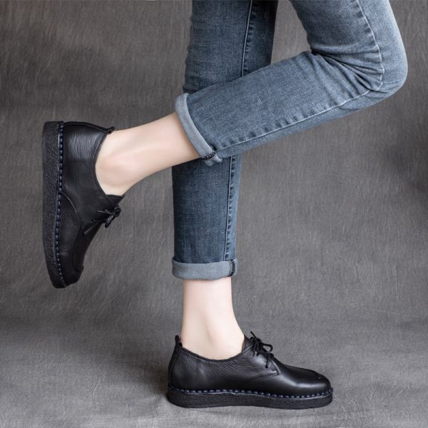 Cowhide Lace-up Low Heel Soft Bottom Flat Shoes