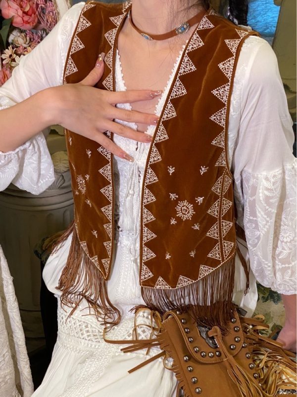 Ethnic Style Retro Tassel Embroidery Waistcoat Cardigan Women Design Sense Niche Fold Wear Vest Chic Sleeveless Clothes