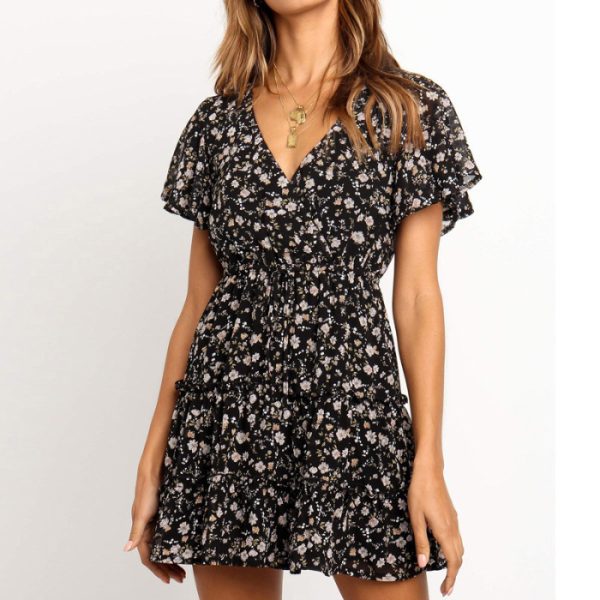 Summer Floral V-neck High Waist Lace-up Short Sleeve Ruffled Chiffon Dress