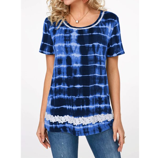 European And American New Women's Clothes Lace Print Short Sleeve Loose T-shirt Women