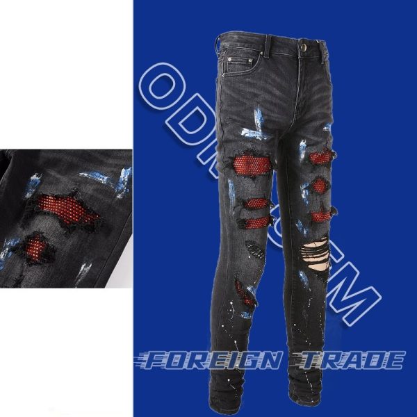 New Style Stretch Vintage Black Ripped Patch Jeans Male