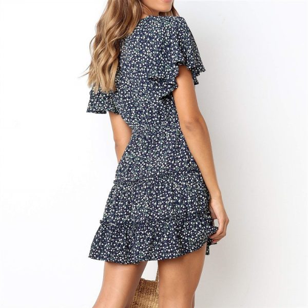 Summer Floral V-neck High Waist Lace-up Short Sleeve Ruffled Chiffon Dress