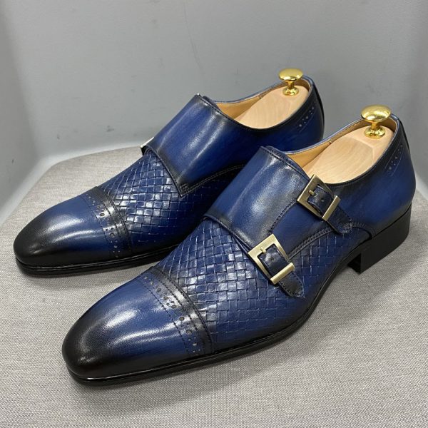 Luxury Men's Business Casual Shoes Blue Leather Double Buckle Monk Shoe First Layer Cowhide Pointed Men's Loafers