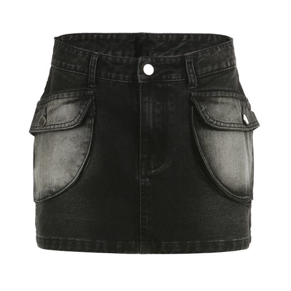 American Street Style Asymmetric Pocket Design Low Waist Denim Skirt