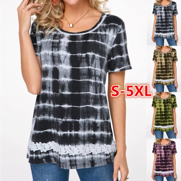 European And American New Women's Clothes Lace Print Short Sleeve Loose T-shirt Women