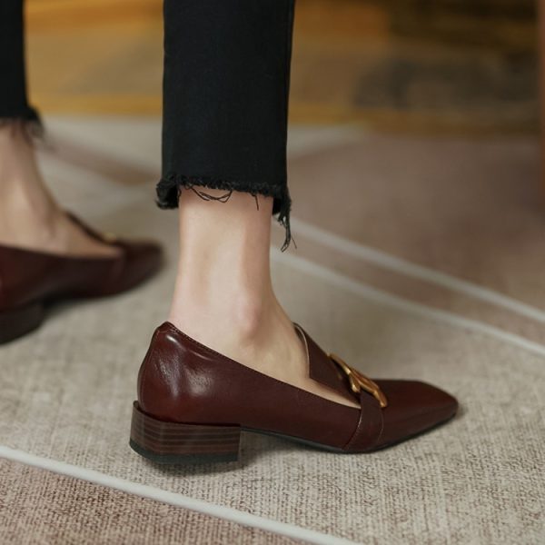 Female Square Toe Low Heel Retro Brown Leather Shoes