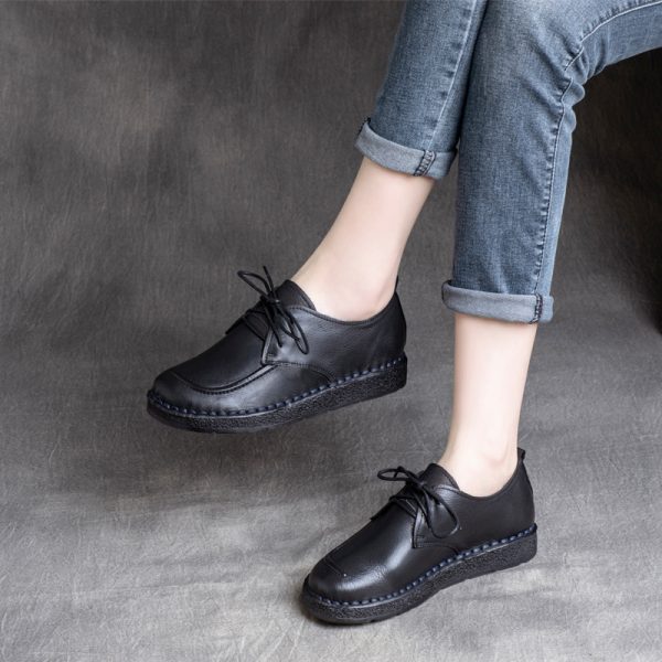 Cowhide Lace-up Low Heel Soft Bottom Flat Shoes