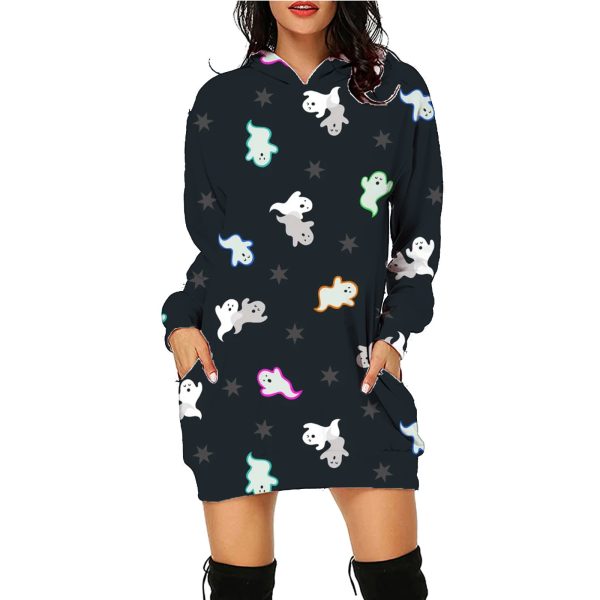 Halloween Print Long Hoodie With Pockets Sweater Long Sleeve Clothes Women