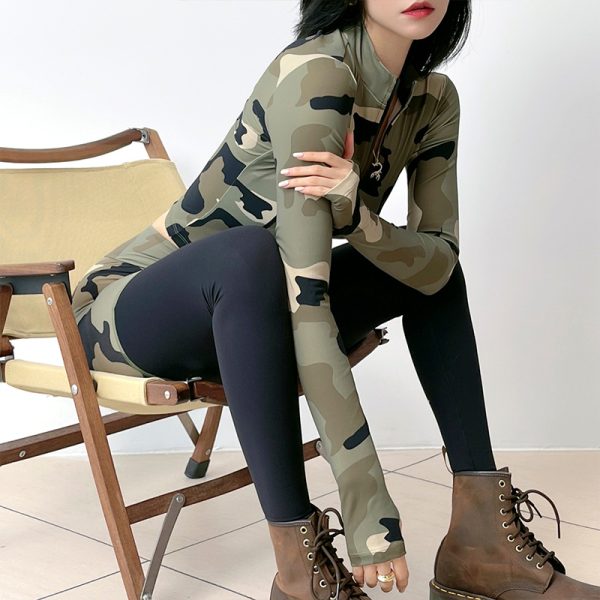 Camouflage Sports Top Women Standing Tie Zipper Yoga Clothes Spring Long Sleeves