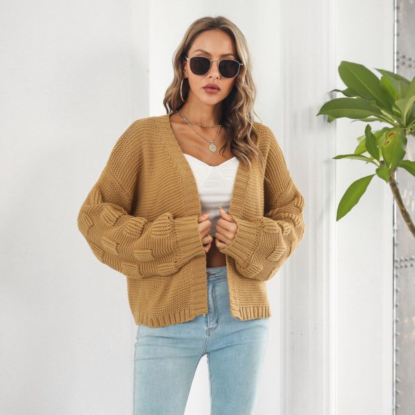 Puff Sleeve Cardigan Sweater Women Clothes Front Chunky Knitwear Coat