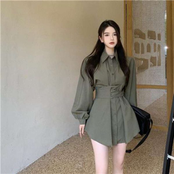 New Style French Shirt Skirt Tie Waist Shirt Women Autumn Clothes