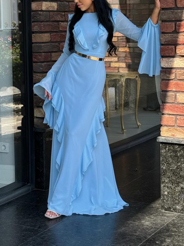 Round Neck Ruffled Long Sleeve Maxi Dress