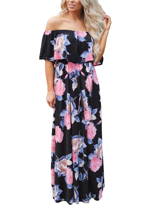 Off-neck Printed Chest Wrap European And American Summer Dress