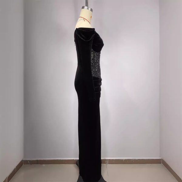 Black Sexy Sleeveless Tube Top Diamond Trim Tight Casual Slit Long Dress