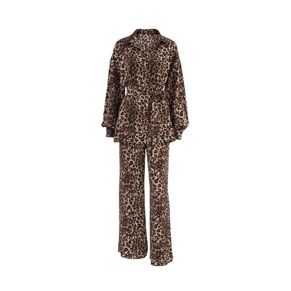 Fashion Leopard-print Long-sleeved Shirt Trousers Two-piece Set