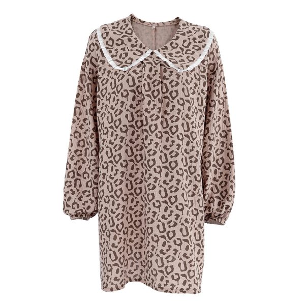 Women's Retro Fashion Peter Pan Collar Leopard Print Design Loose Cotton Linen A- Line Dress