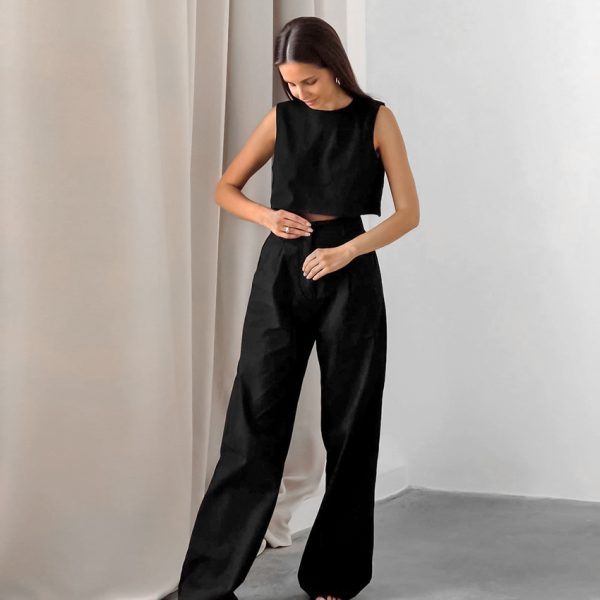 Women's Black Cotton And Linen Street Design Short Vest And Trousers Two-piece Set