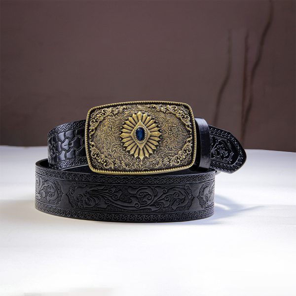 Women's Belt Gem Buckle Vintage Engraving Belt