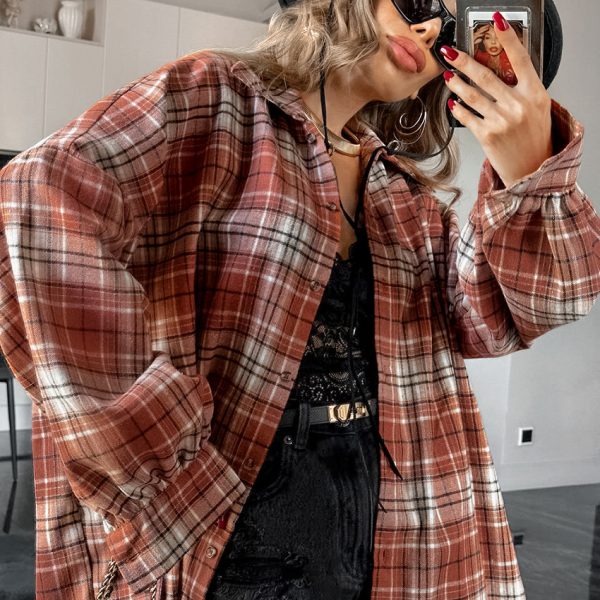 Retro Contrast Color Loose Plaid Shirt