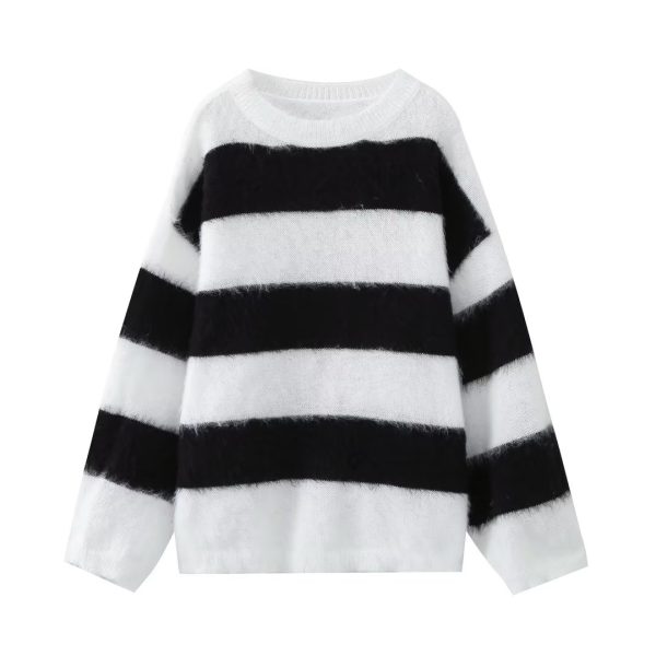 Loose Casual Striped Long Sleeve Contrast Color Round Neck