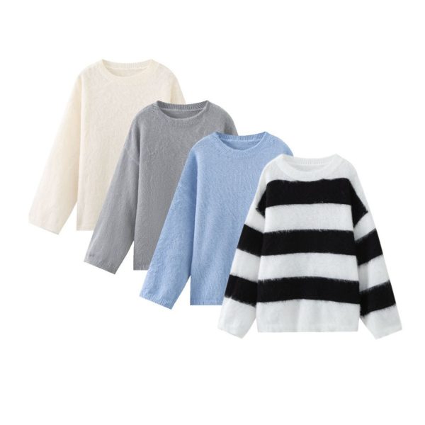 Loose Casual Striped Long Sleeve Contrast Color Round Neck