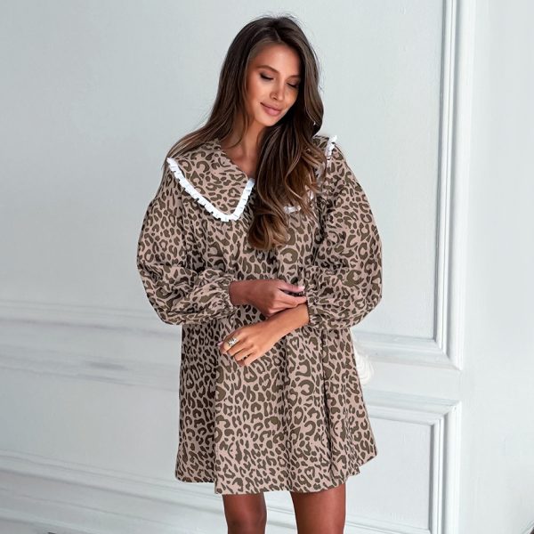 Women's Retro Fashion Peter Pan Collar Leopard Print Design Loose Cotton Linen A- Line Dress