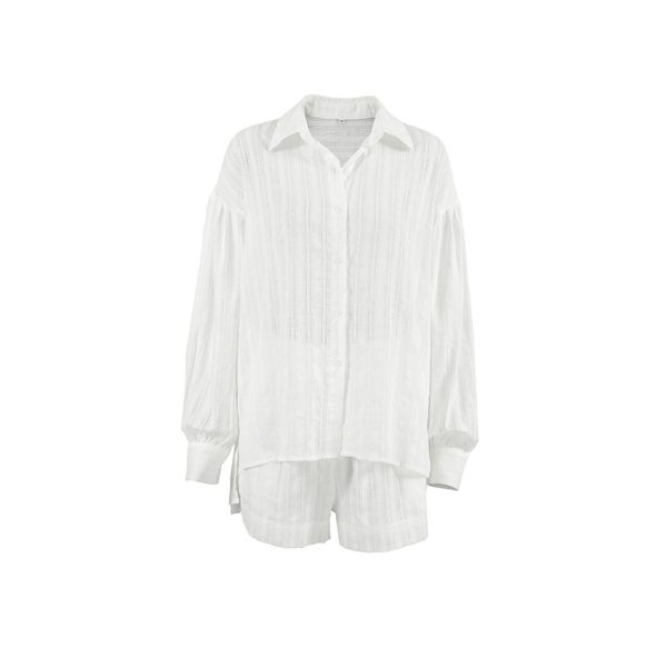 Women's Simple White Striped Jacquard Shirt And Shorts Two-piece Set