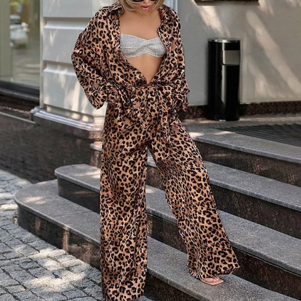 Fashion Leopard-print Long-sleeved Shirt Trousers Two-piece Set