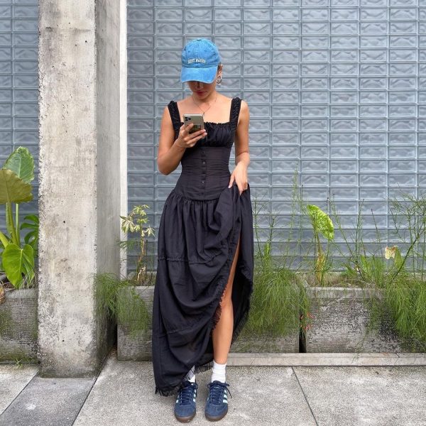 Lazy Vacation Style Pleated Front Buckle Design Extra Long Dress