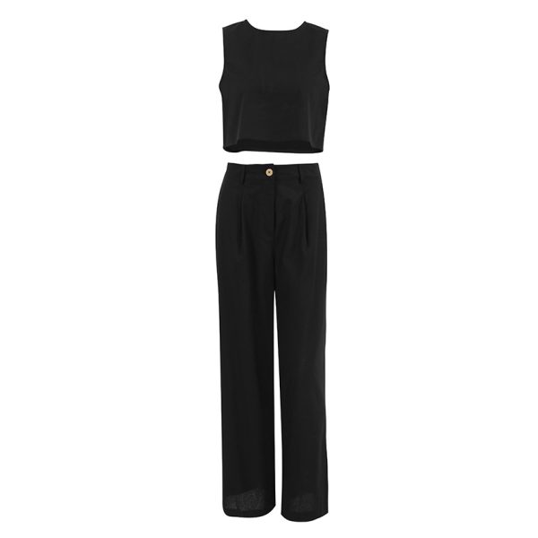 Women's Black Cotton And Linen Street Design Short Vest And Trousers Two-piece Set