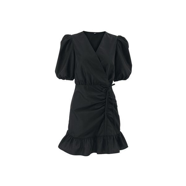 Women's Fashion Black Pleated Nipped Waist High Sense V-neck Puff Sleeve Dress