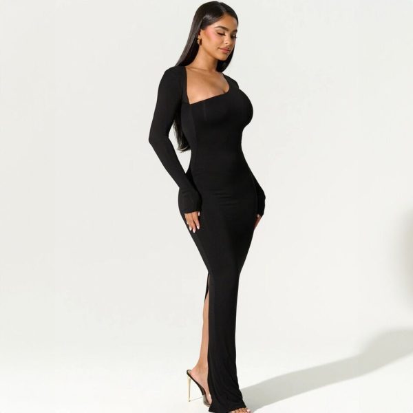 Long-sleeved Slim-fit Dress With Sloping Neck And Slit Back